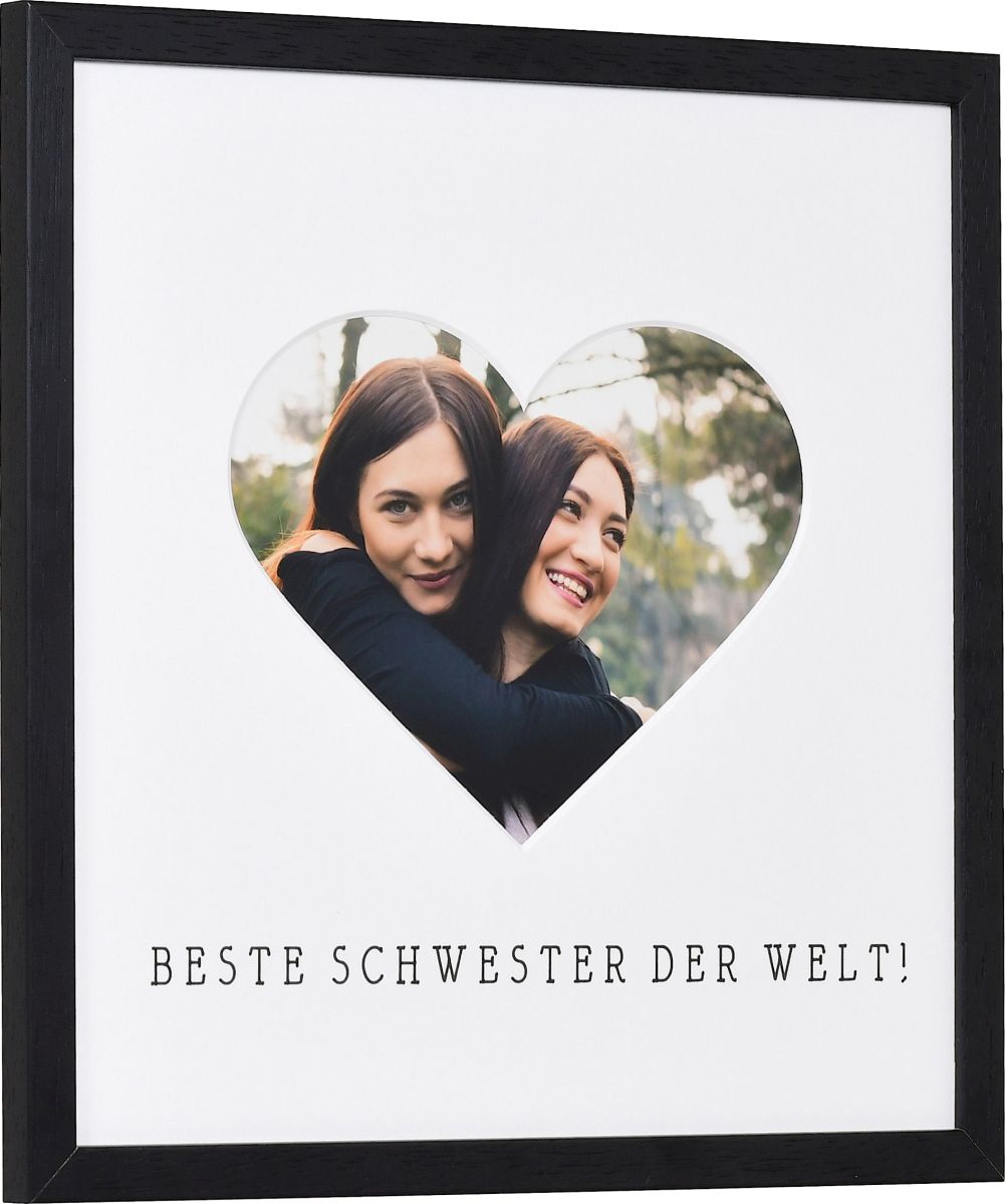 seitliche Ansicht eines Bilderrahmens mit Herzausschnitt für die beste Schwester der Welt in der Farbe Schwarz